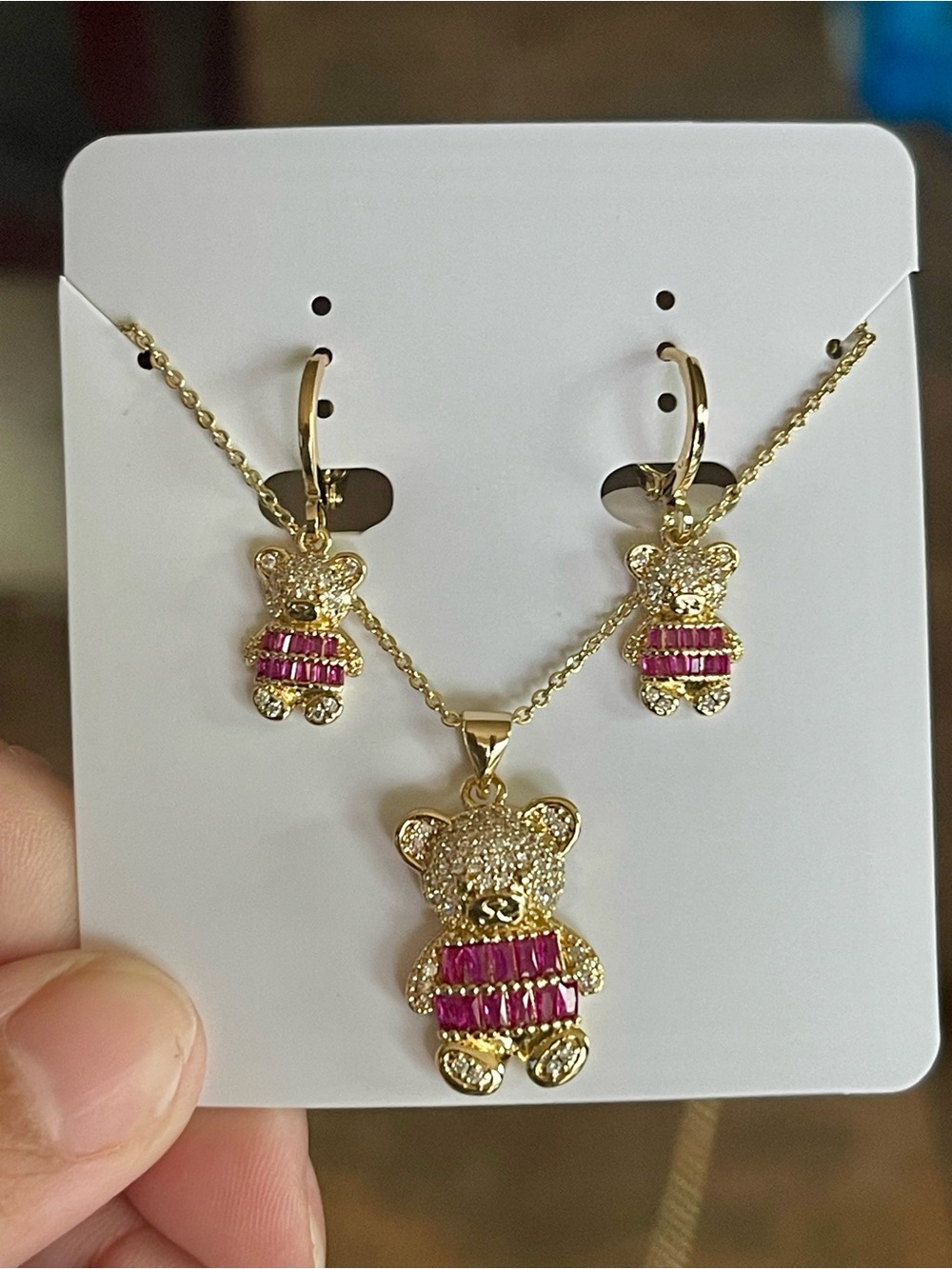 Gold Teddy Bear Necklace and Earring Set with fuchsia Stones